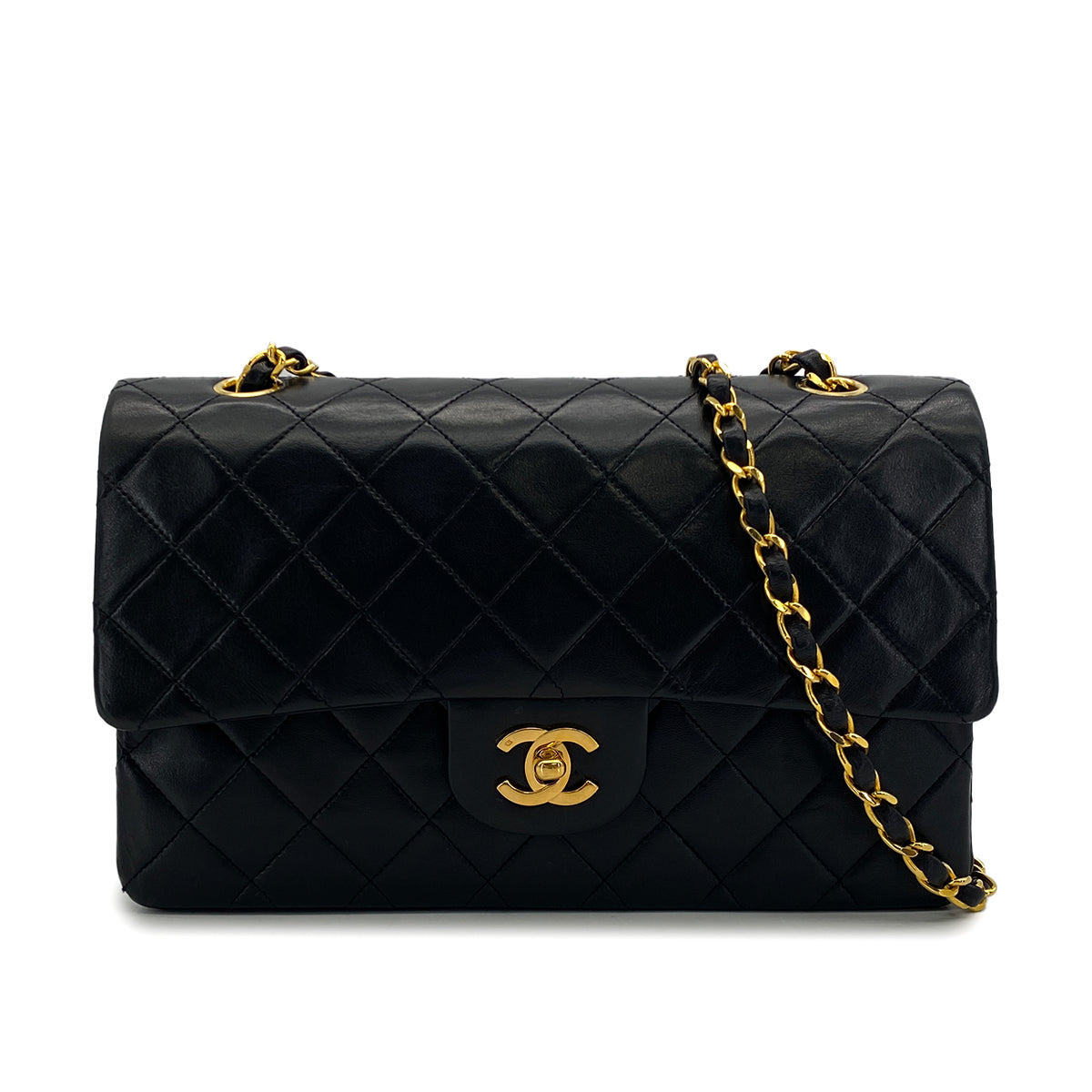VINTAGE CHANEL CLASSIC FLAP MEDIUM CHAIN SHOULDER BAG BLACK LAMB SKIN GOLD HARDWARE 90325634