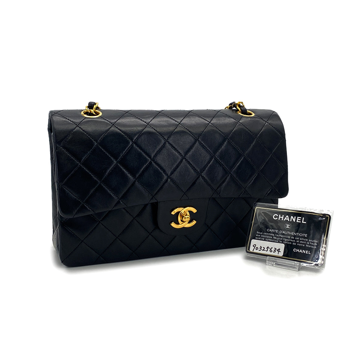 VINTAGE CHANEL CLASSIC FLAP MEDIUM CHAIN SHOULDER BAG BLACK LAMB SKIN GOLD HARDWARE 90325634