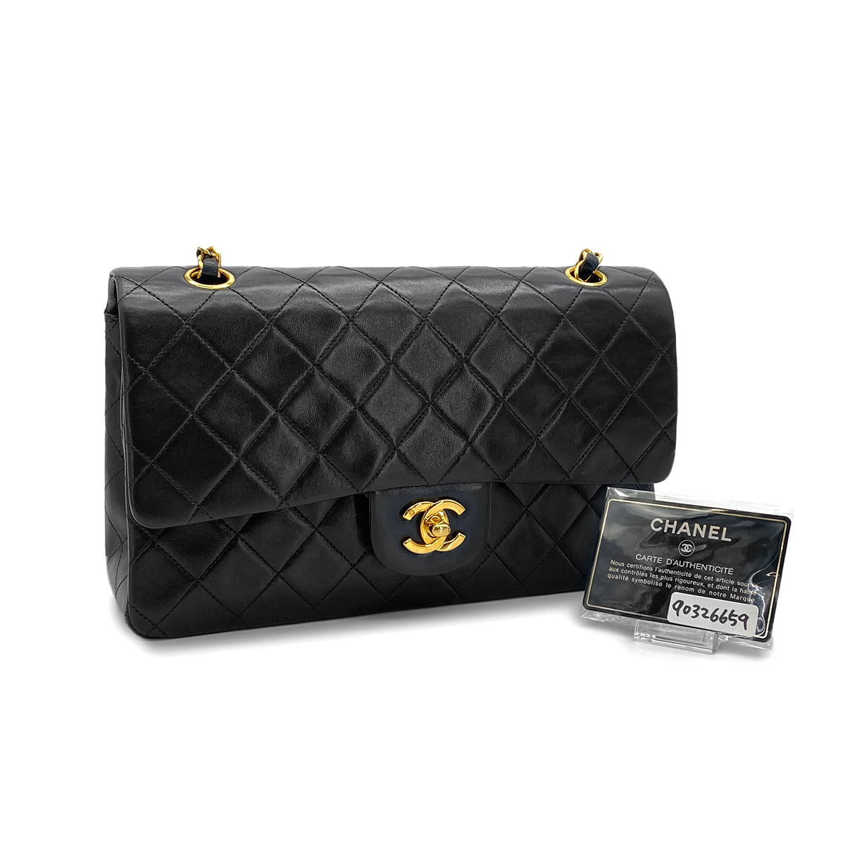 VINTAGE CHANEL CLASSIC FLAP MEDIUM CHAIN SHOULDER BAG BLACK LAMB SKIN GOLD HARDWARE 90326659