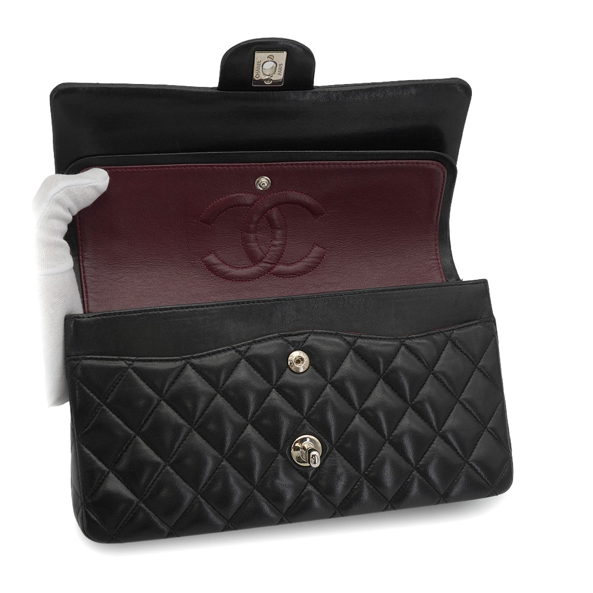 VINTAGE CHANEL CLASSIC FLAP MEDIUM CHAIN SHOULDER BAG BLACK LAMB SKIN SILVER HARDWARE 90344389