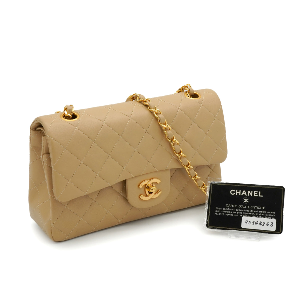 VINTAGE CHANEL CLASSIC FLAP SMALL CHAIN SHOULDER BAG BEIGE LAMB SKIN GOLD HARDWARE 90344363