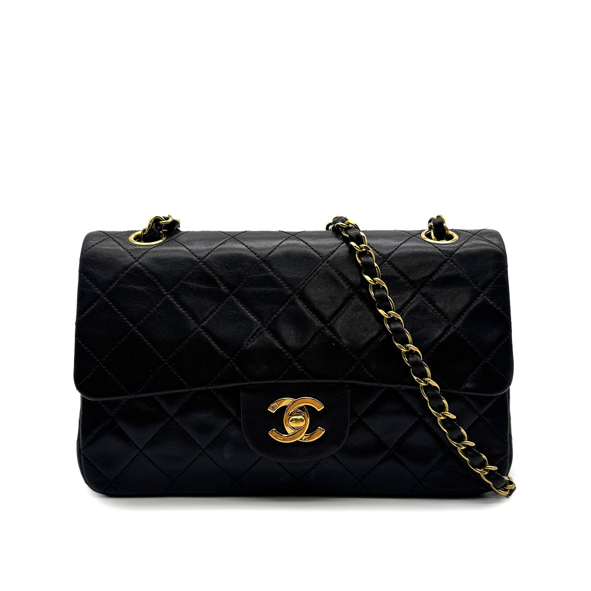 VINTAGE CHANEL CLASSIC FLAP SMALL CHAIN SHOULDER BAG BLACK LAMB SKIN GOLD HARDWARE 90318220
