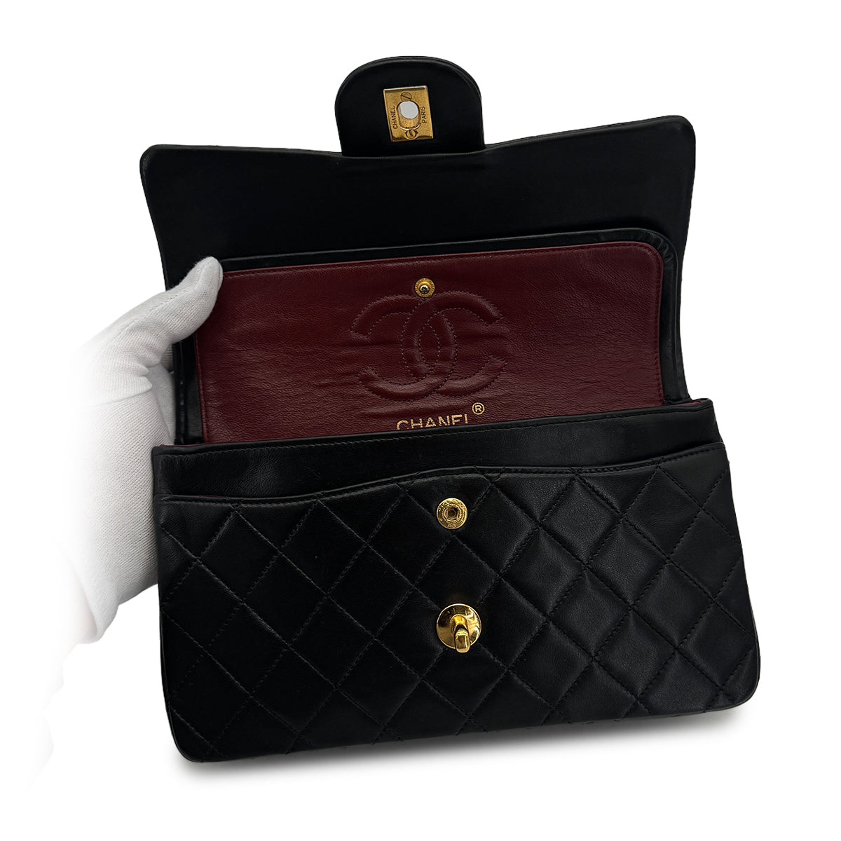 VINTAGE CHANEL CLASSIC FLAP SMALL CHAIN SHOULDER BAG BLACK LAMB SKIN GOLD HARDWARE 90324142