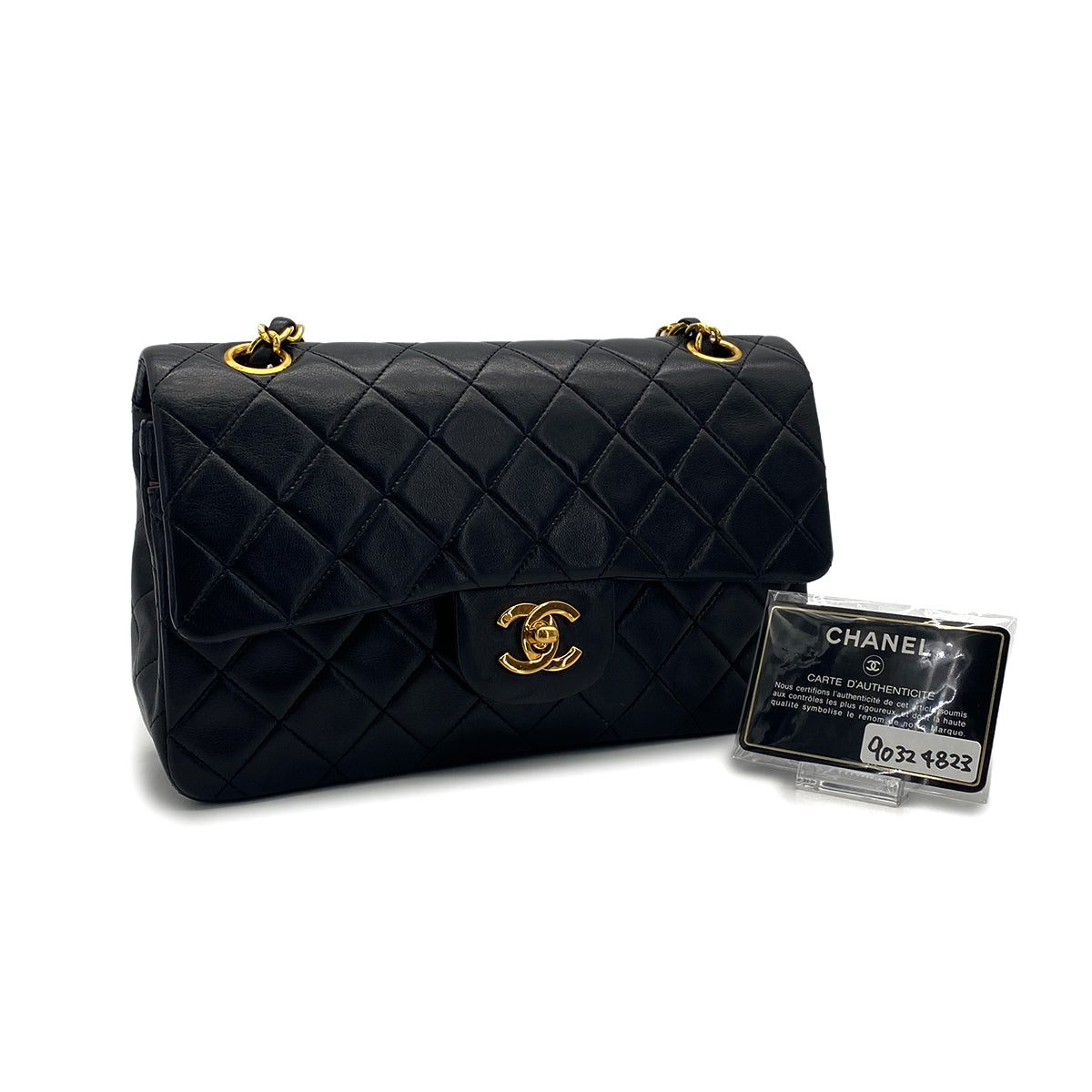VINTAGE CHANEL CLASSIC FLAP SMALL CHAIN SHOULDER BAG BLACK LAMB SKIN GOLD HARDWARE 90324823