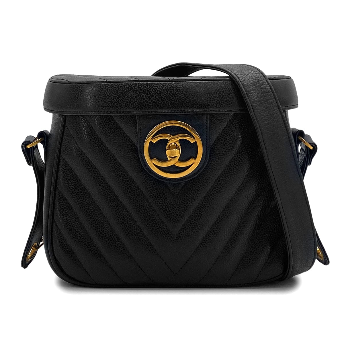 VINTAGE CHANEL CHEVRON CHAIN SHOULDER BAG BLACK CAVIAR SKIN GOLD HARDWARE 90325341