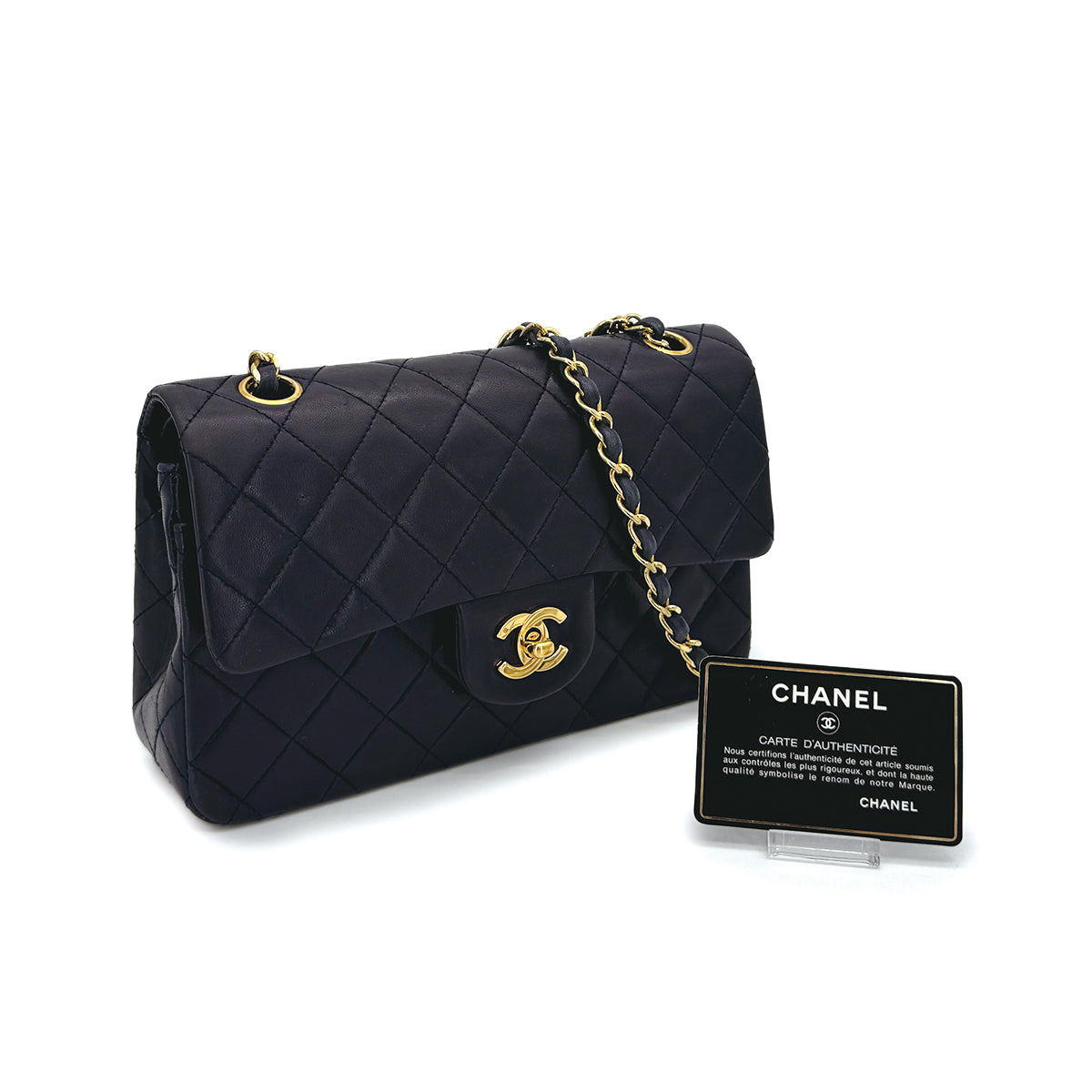 VINTAGE CHANEL CLASSIC FLAP SMALL CHAIN SHOULDER BAG NAVY LAMB SKIN GOLD HARDWARE 90311043