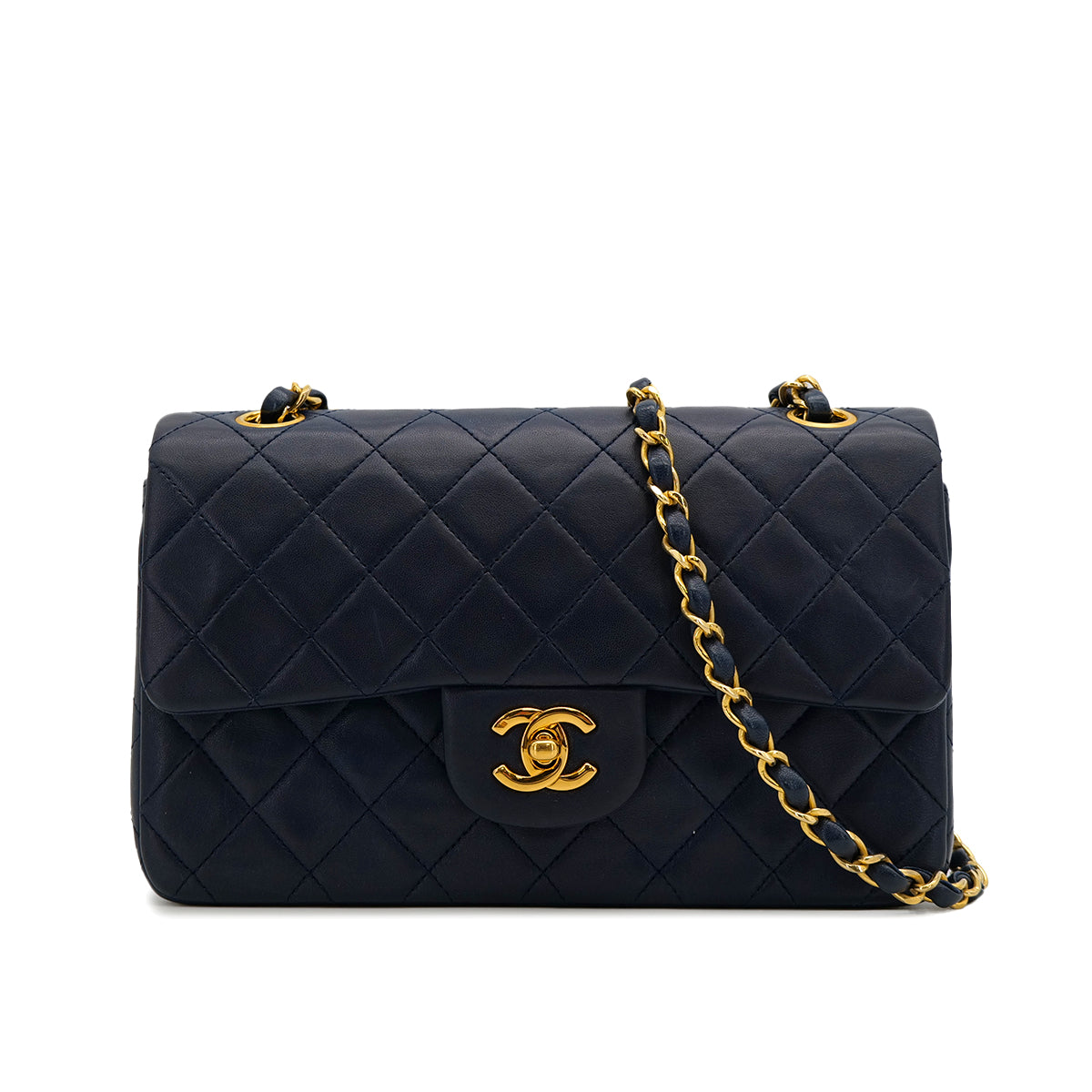VINTAGE CHANEL CLASSIC FLAP SMALL CHAIN SHOULDER BAG NAVY LAMB SKIN GOLD HARDWARE 90318735