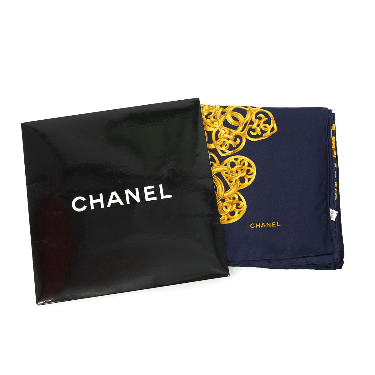 VINTAGE CHANEL SCARF COCOMARK CHAIN PATTERN GOLD NAVY SILK 90334203