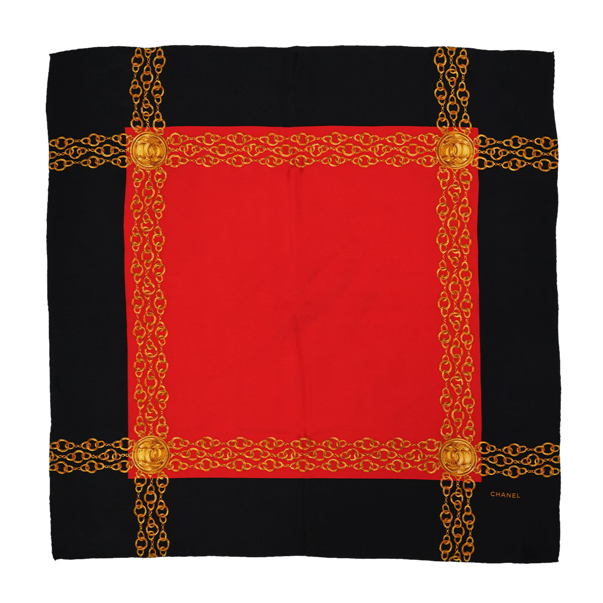VINTAGE CHANEL COCOMARK CHAIN PATTERN SCARF RED GOLD BLACK SILK 90331692