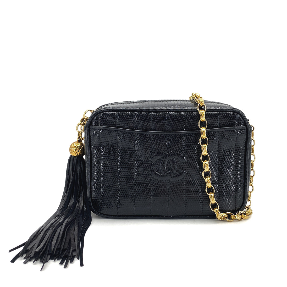VINTAGE CHANEL COCOMARK FRINGE BIJOU CHAIN SHUOLDER BAG BLACK LIZARD GOLD HARDWARE 90324831