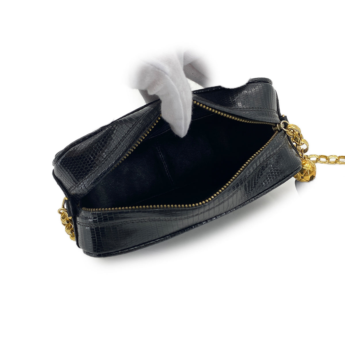 VINTAGE CHANEL COCOMARK FRINGE BIJOU CHAIN SHUOLDER BAG BLACK LIZARD GOLD HARDWARE 90324831