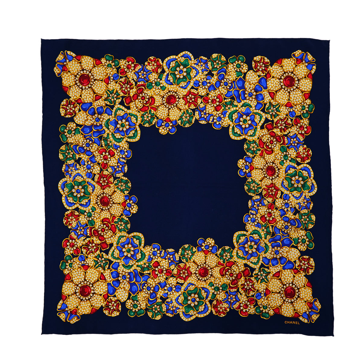 VINTAGE CHANEL COCOMARK JEWELRY PATTERN SCARF NAVY SILK 90324781