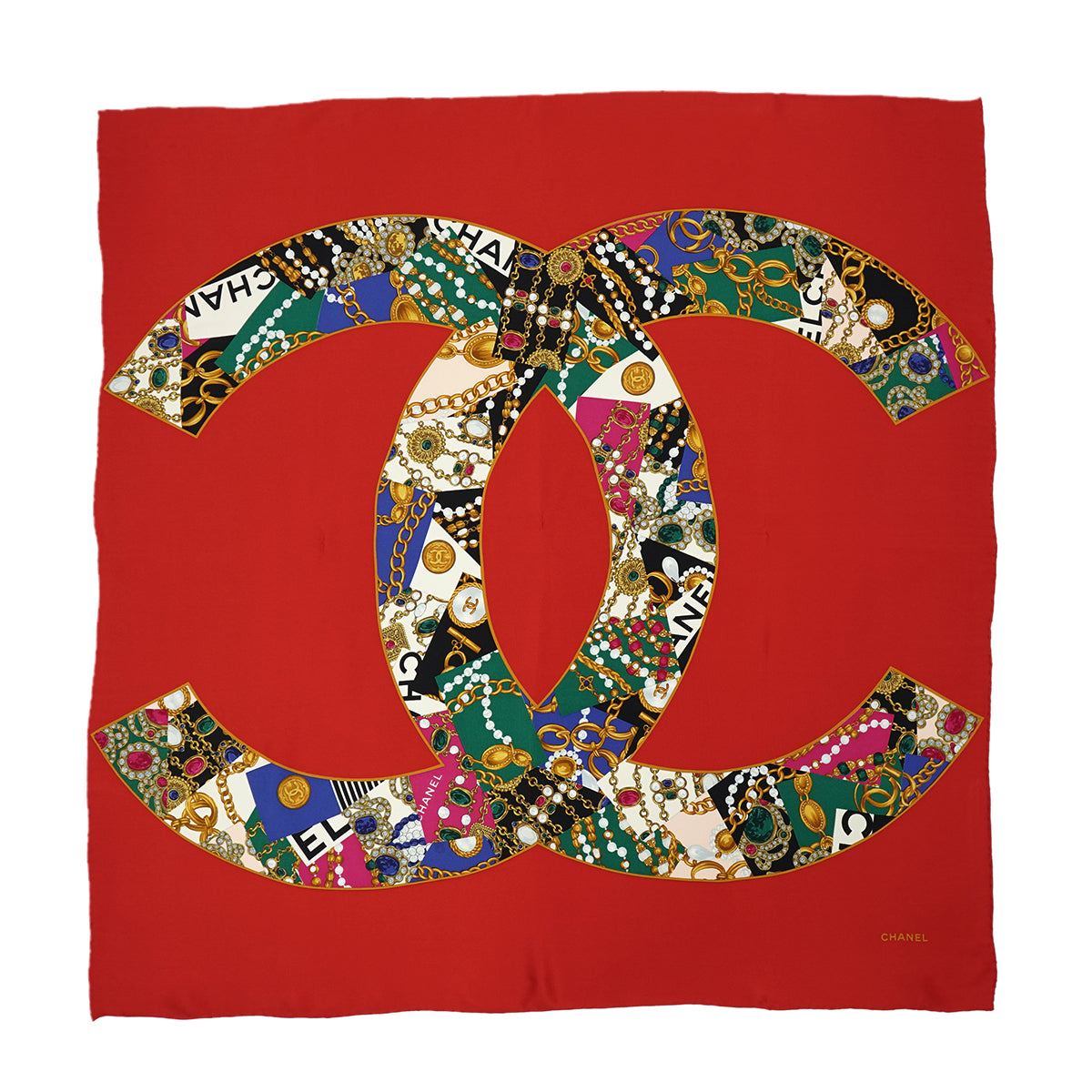 VINTAGE CHANEL COCOMARK JEWELRY PATTERN SCARF RED SILK 90328011