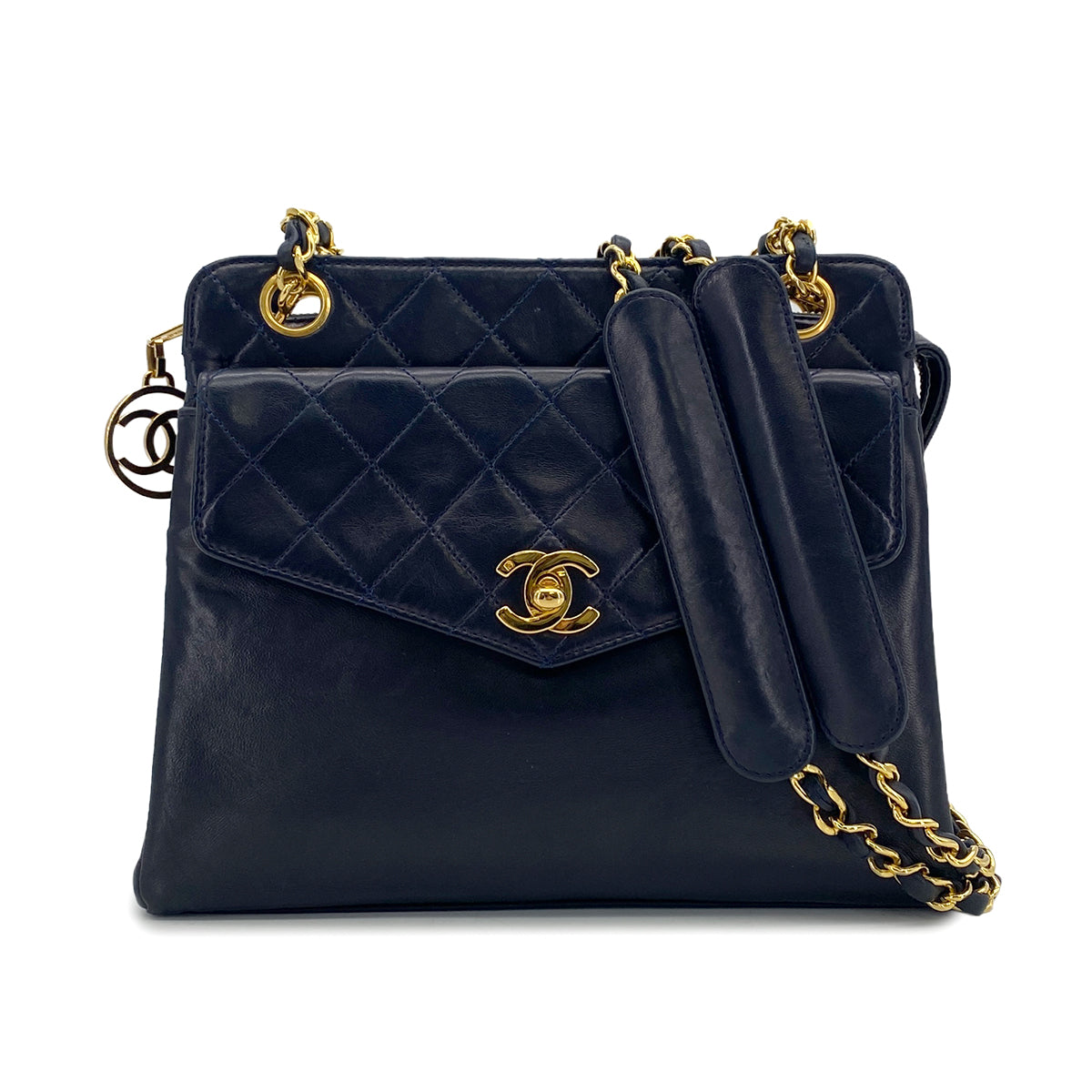 VINTAGE CHANEL COCOMARK MATELASSE CHAIN SHOULDER BAG NAVY LAMB SKIN GOLD HARDWARE 90326854