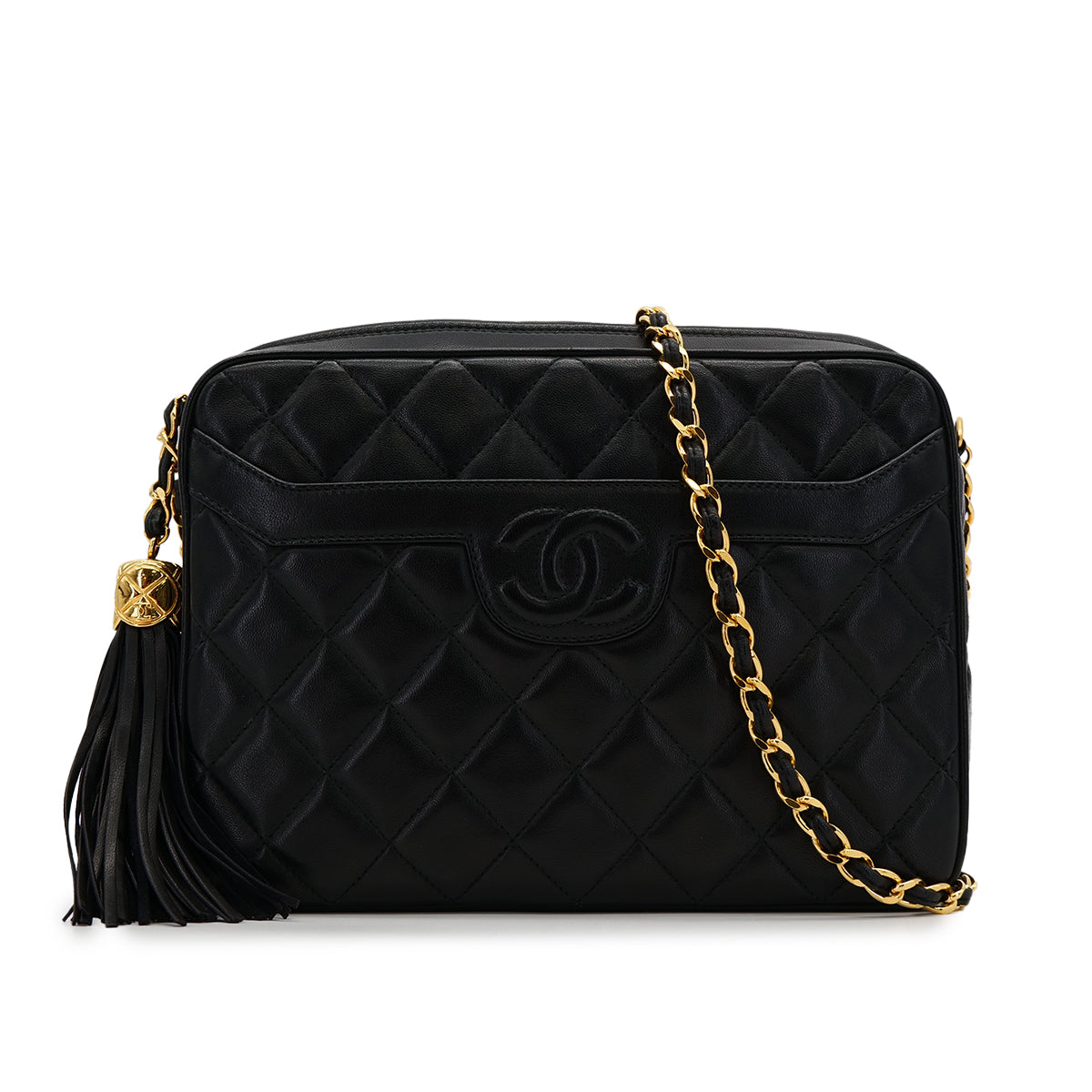 VINTAGE CHANEL COCOMARK MATELASSE FRINGE CHAIN SHOULDER BAG BLACK LAMB SKIN GOLD HARDWARE 90320188