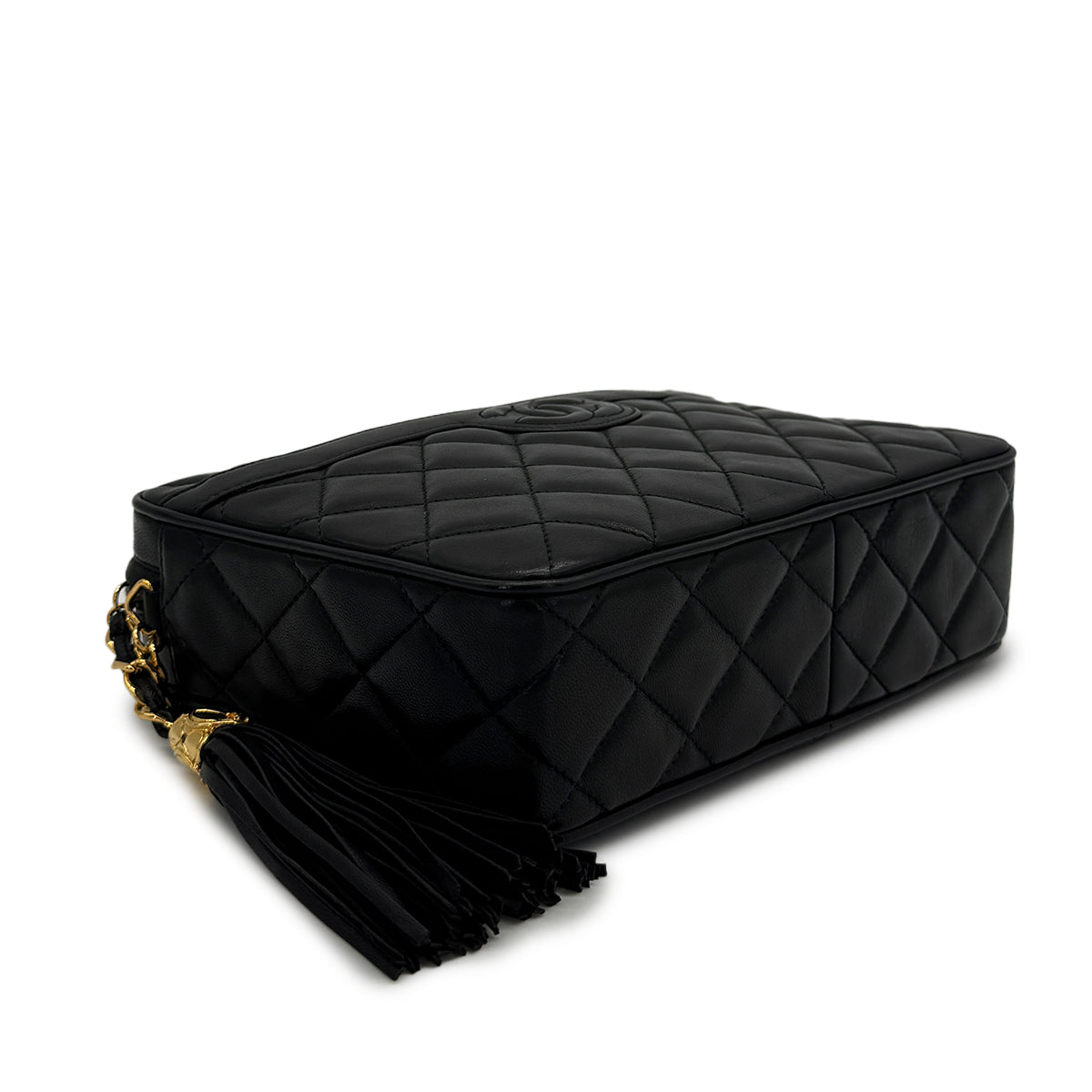 VINTAGE CHANEL COCOMARK MATELASSE FRINGE CHAIN SHOULDER BAG BLACK LAMB SKIN GOLD HARDWARE 90320188