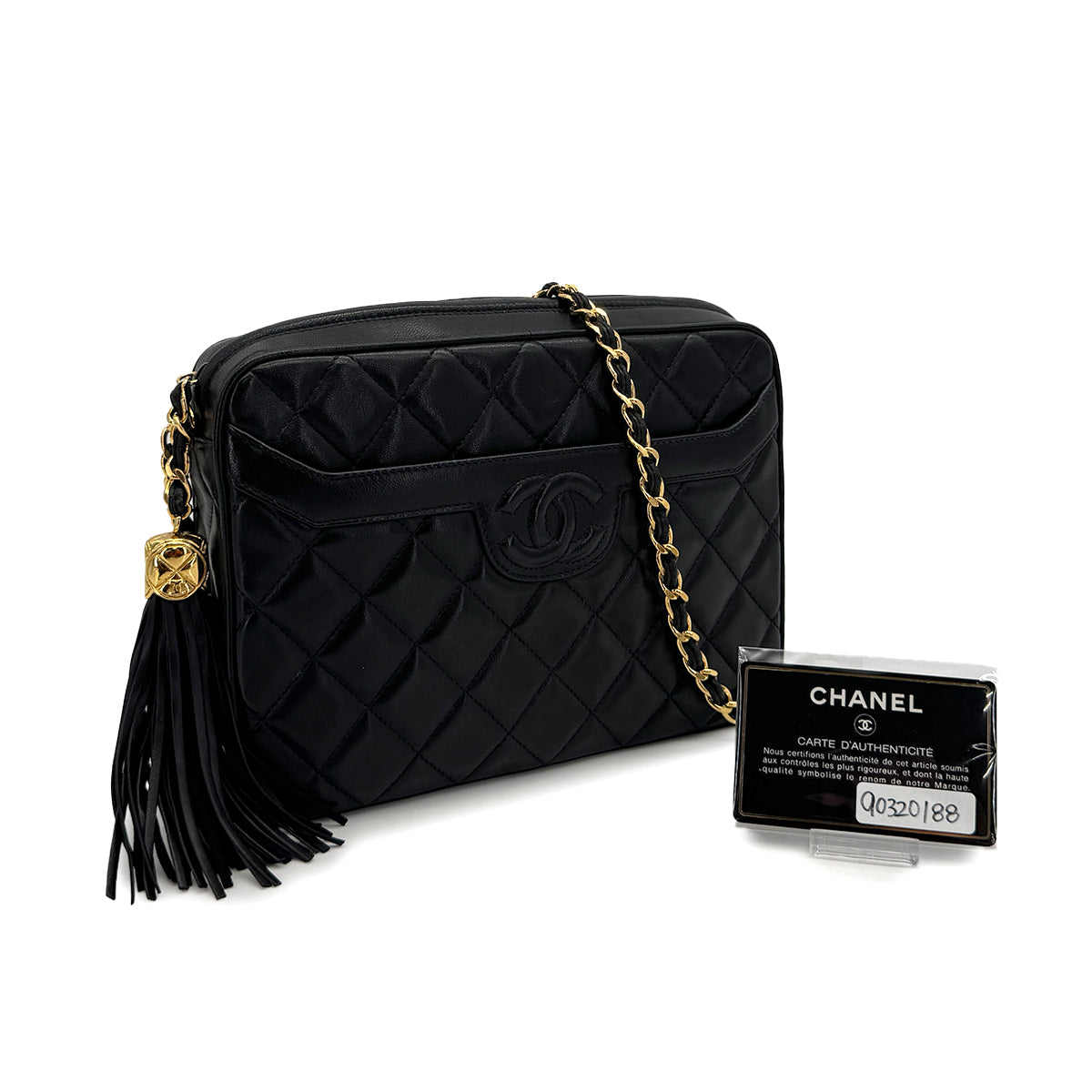 VINTAGE CHANEL COCOMARK MATELASSE FRINGE CHAIN SHOULDER BAG BLACK LAMB SKIN GOLD HARDWARE 90320188