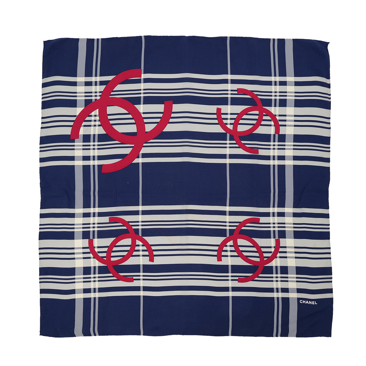 VINTAGE CHANEL COCOMARK SCARF CHECK PATTERN NAVY WHITE RED SILK 90322147