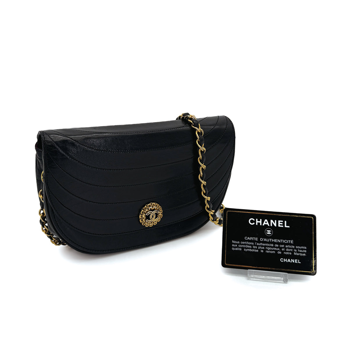 VINTAGE CHANEL COCOMARK WAVE STITCH CHAIN SHOULDER BAG BLACK LAMB SKIN GOLD HARDWARE 90315870