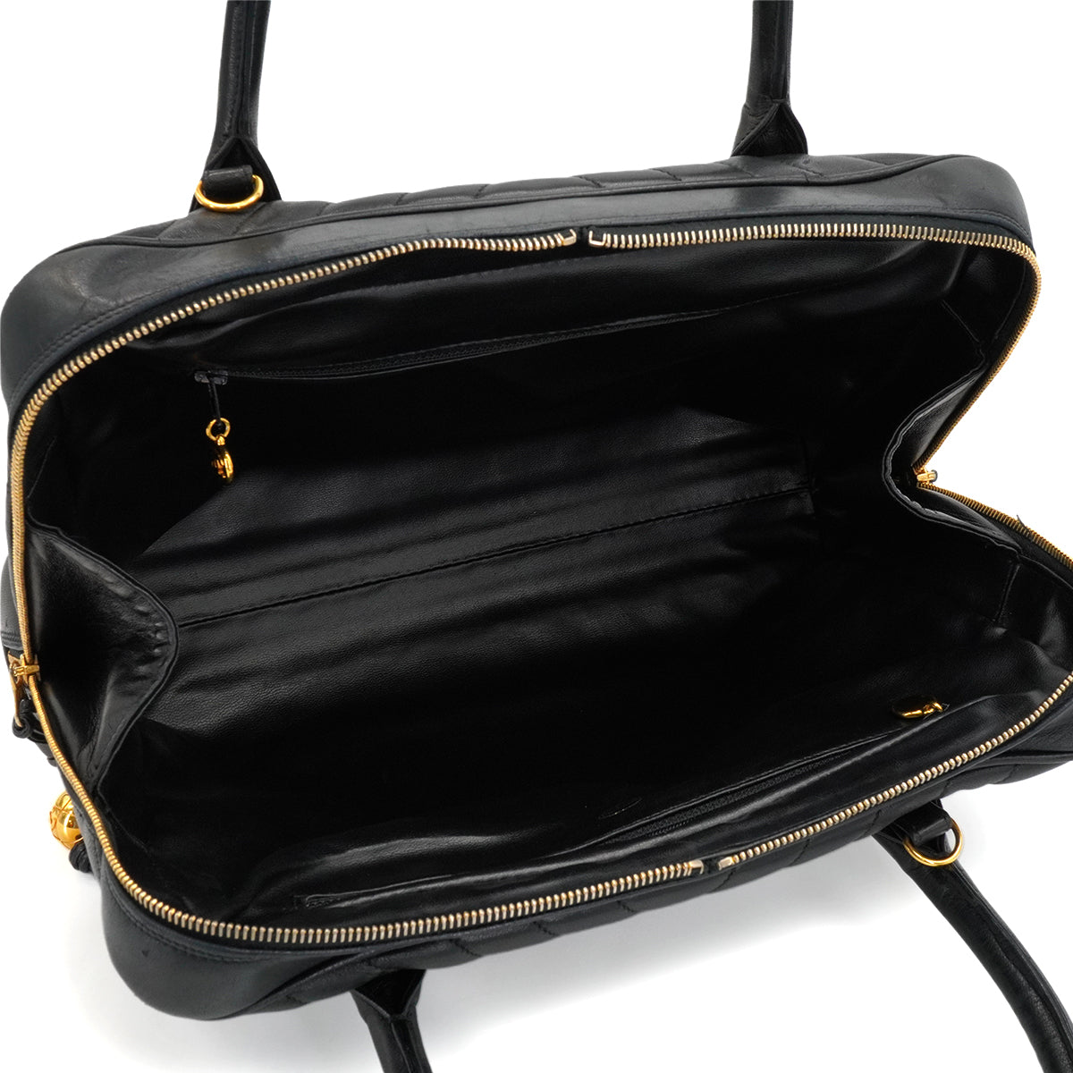 VINTAGE CHANEL COCO BALL CHEVRON V STITCH SHOULDER HAND BAG BLACK LAMB SKIN GOLD HARDWARE 90346876