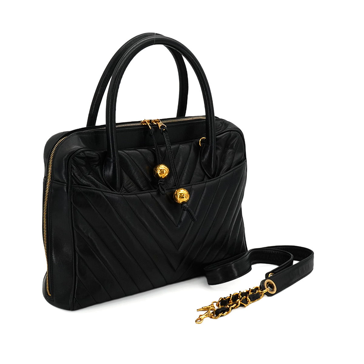 VINTAGE CHANEL COCO BALL CHEVRON V STITCH SHOULDER HAND BAG BLACK LAMB SKIN GOLD HARDWARE 90346876