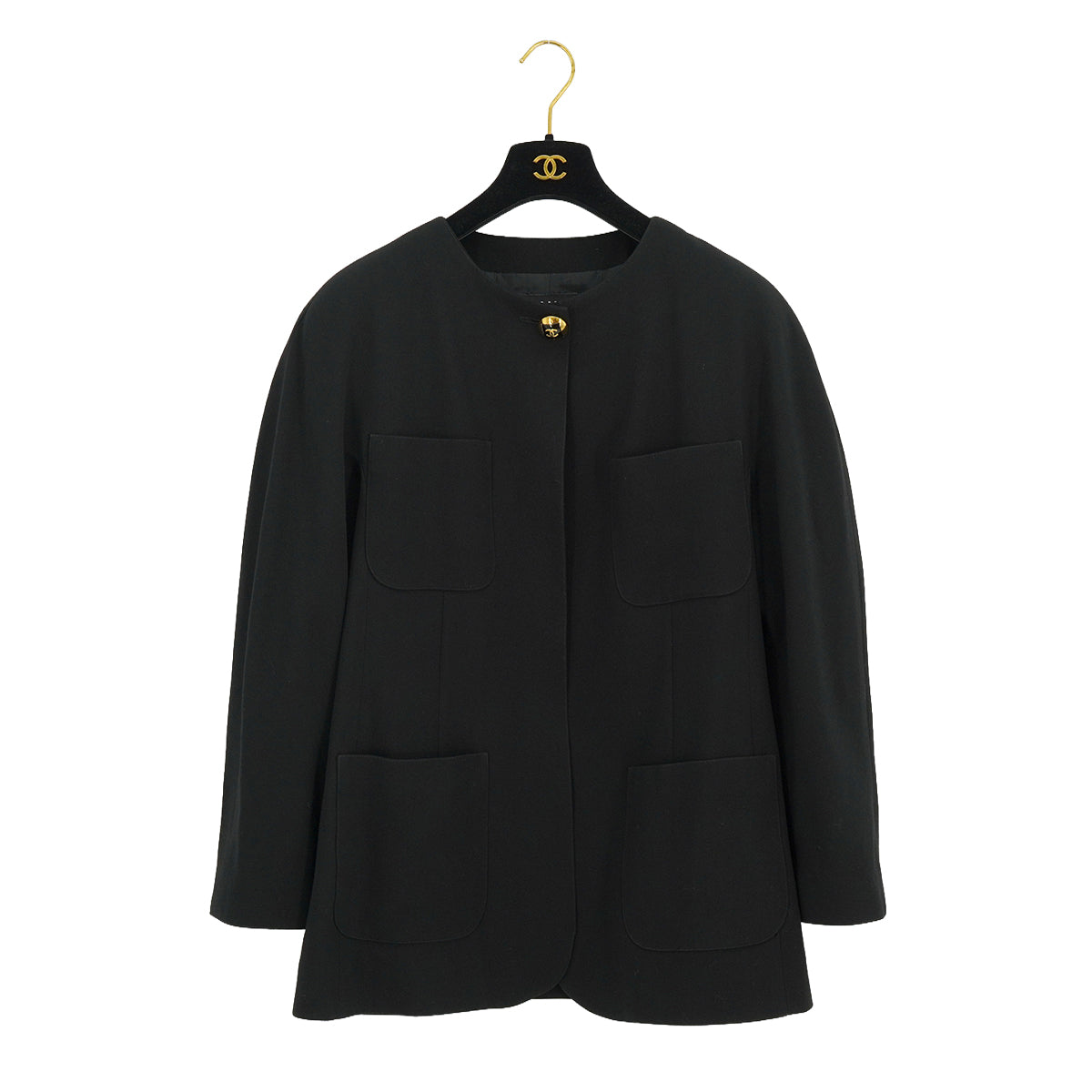 VINTAGE CHANEL COCO BUTTON NO COLLAR JACKET BLACK WOOL 42 RTW 90332936