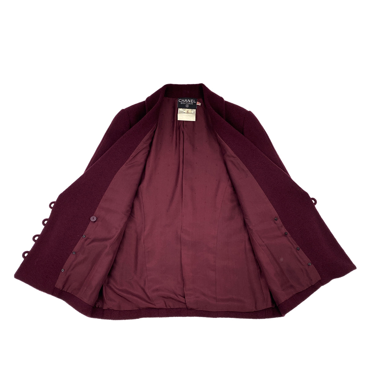 VINTAGE CHANEL COCO BUTTON TWEED JACKET SKIRT SET BORDEAUX WOOL 38 RTW 90319638