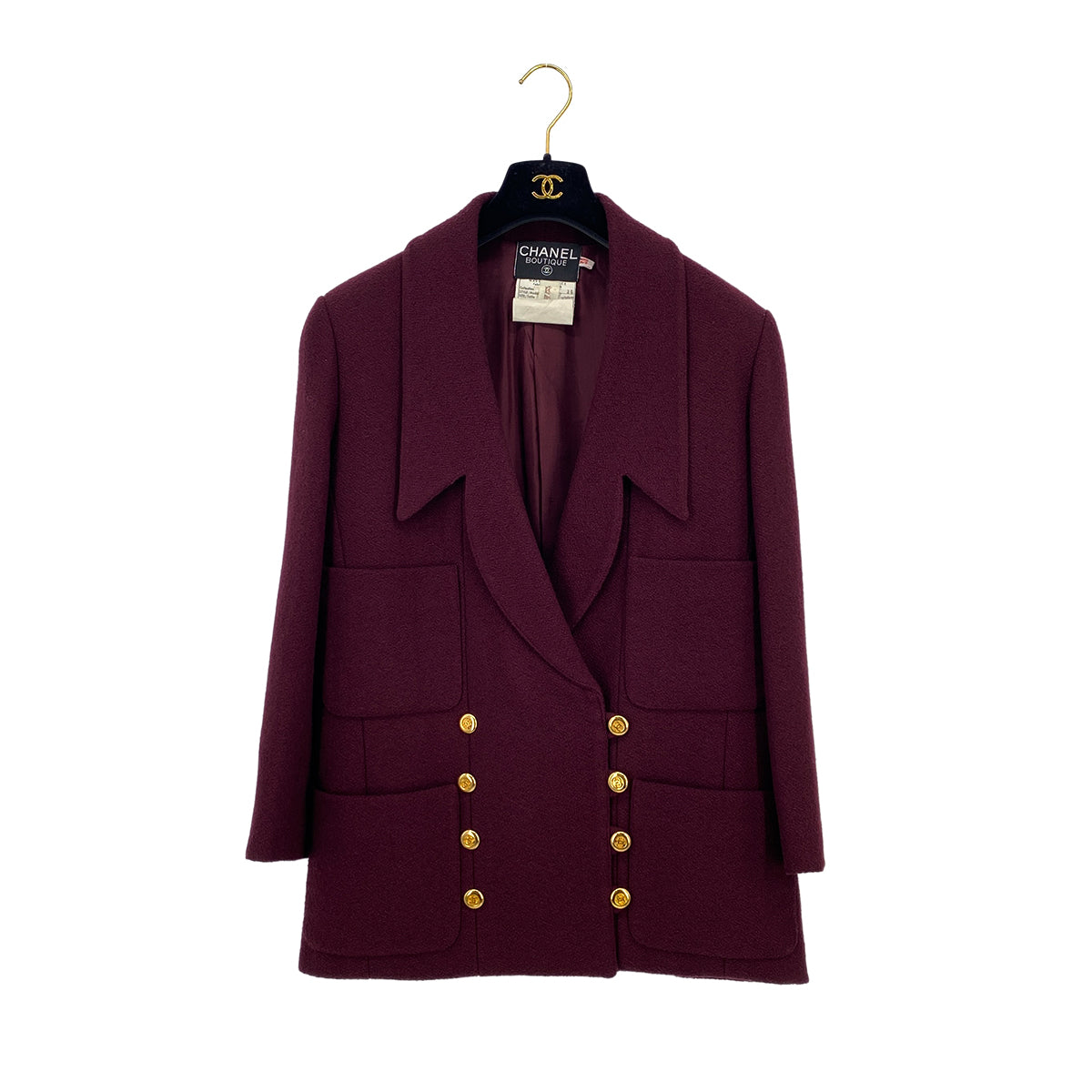 VINTAGE CHANEL COCO BUTTON TWEED JACKET SKIRT SET BORDEAUX WOOL 38 RTW 90319638