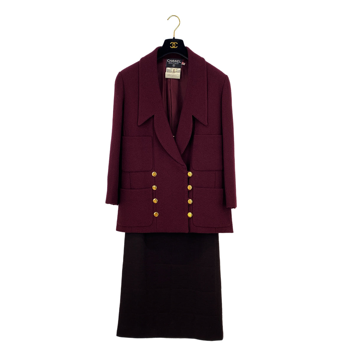 VINTAGE CHANEL COCO BUTTON TWEED JACKET SKIRT SET BORDEAUX WOOL 38 RTW 90319638