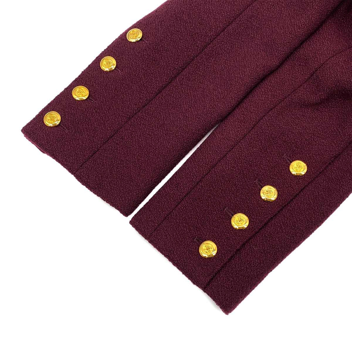 VINTAGE CHANEL COCO BUTTON TWEED JACKET SKIRT SET BORDEAUX WOOL 38 RTW 90319638