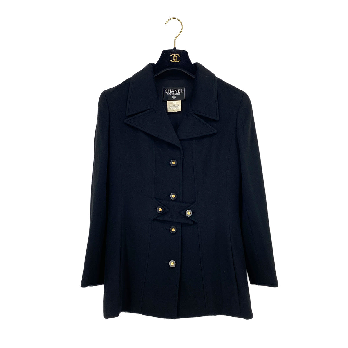 VINTAGE CHANEL COCO BUTTON WAIST CINCHING JACKET BLACK CASHMERE 40 36A RTW 90319635