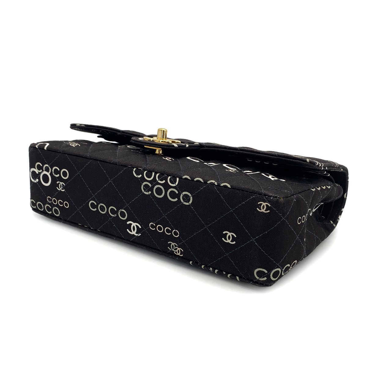 VINTAGE CHANEL COCO PRINT CHAIN SHOULDER BAG BLACK CANVAS GOLD HARDWARE 90324628