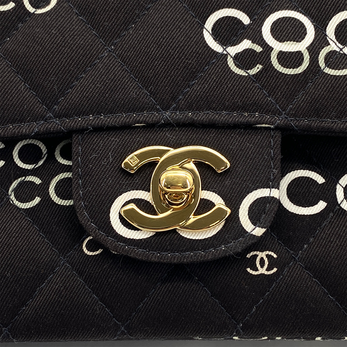VINTAGE CHANEL COCO PRINT CHAIN SHOULDER BAG BLACK CANVAS GOLD HARDWARE 90324628