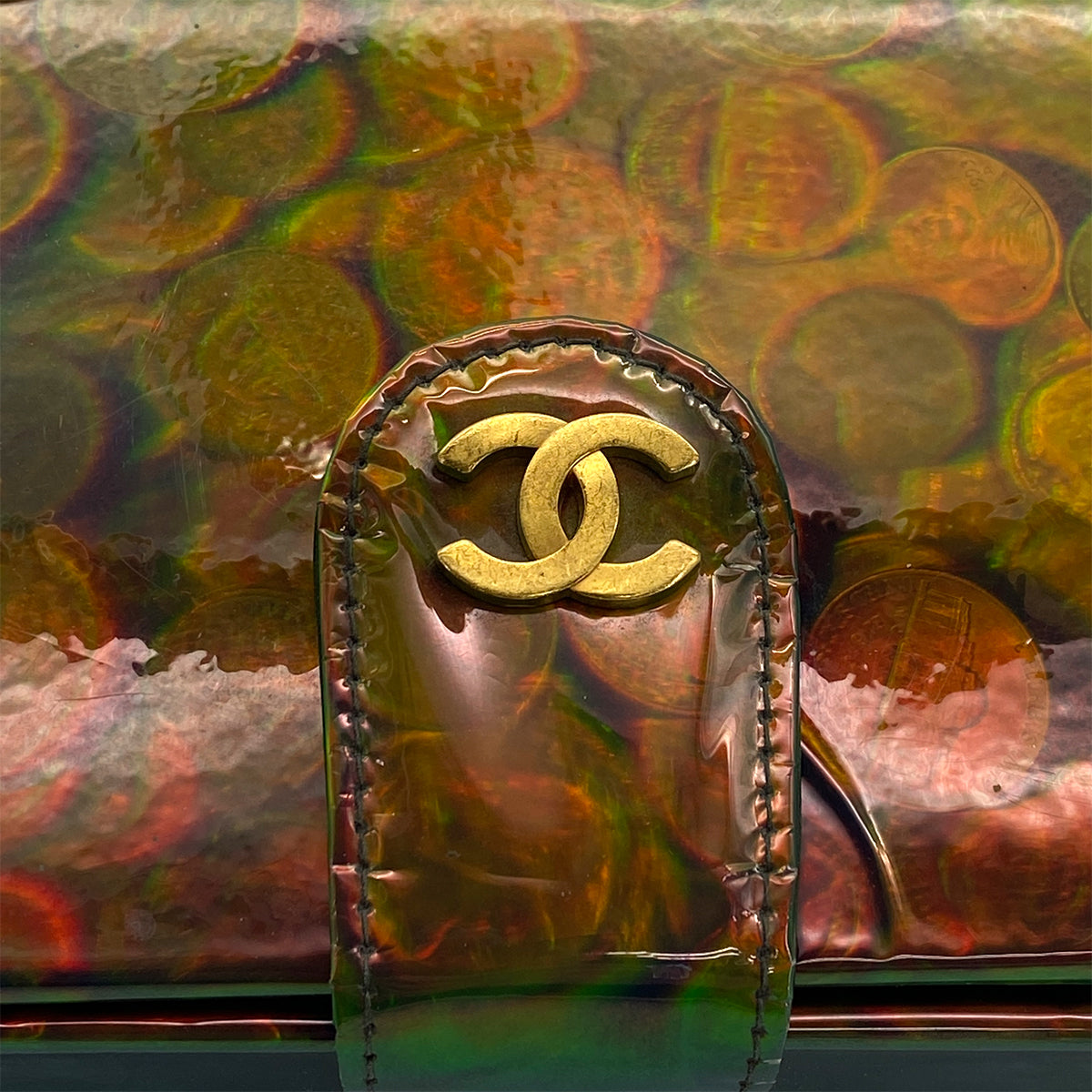 VINTAGE CHANEL COIN PATTERN HAND BAG GREEN ENAMEL GOLD HARDWARE 90318634