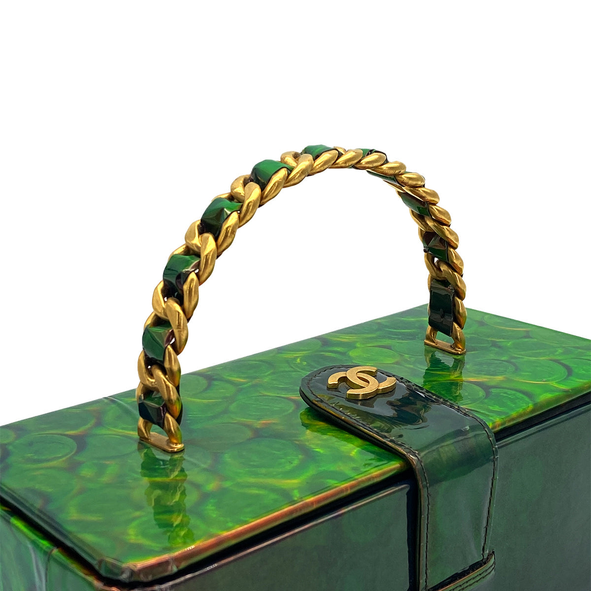 VINTAGE CHANEL COIN PATTERN HAND BAG GREEN ENAMEL GOLD HARDWARE 90318634