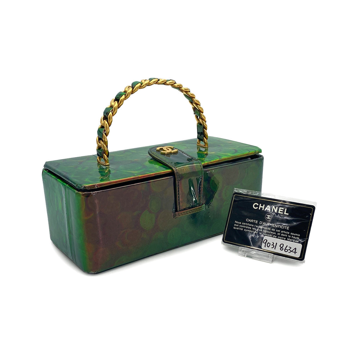 VINTAGE CHANEL COIN PATTERN HAND BAG GREEN ENAMEL GOLD HARDWARE 90318634