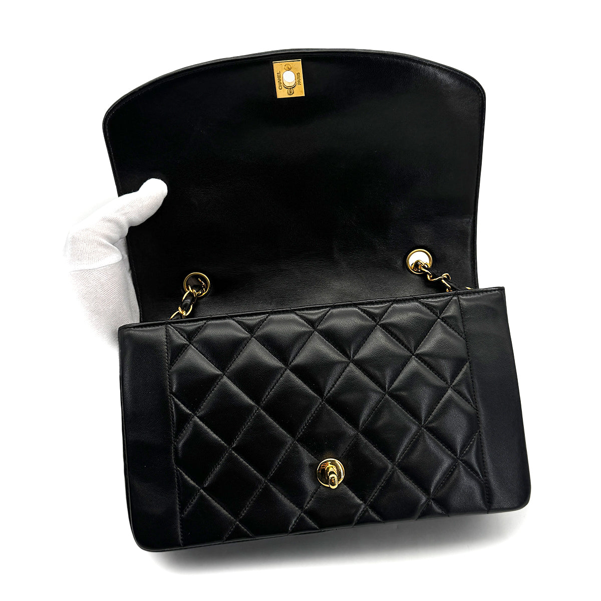 VINTAGE CHANEL DIANA MEDIUM CHAIN SHOULDER BAG BLACK LAMB SKIN GOLD HARDWARE 90317922