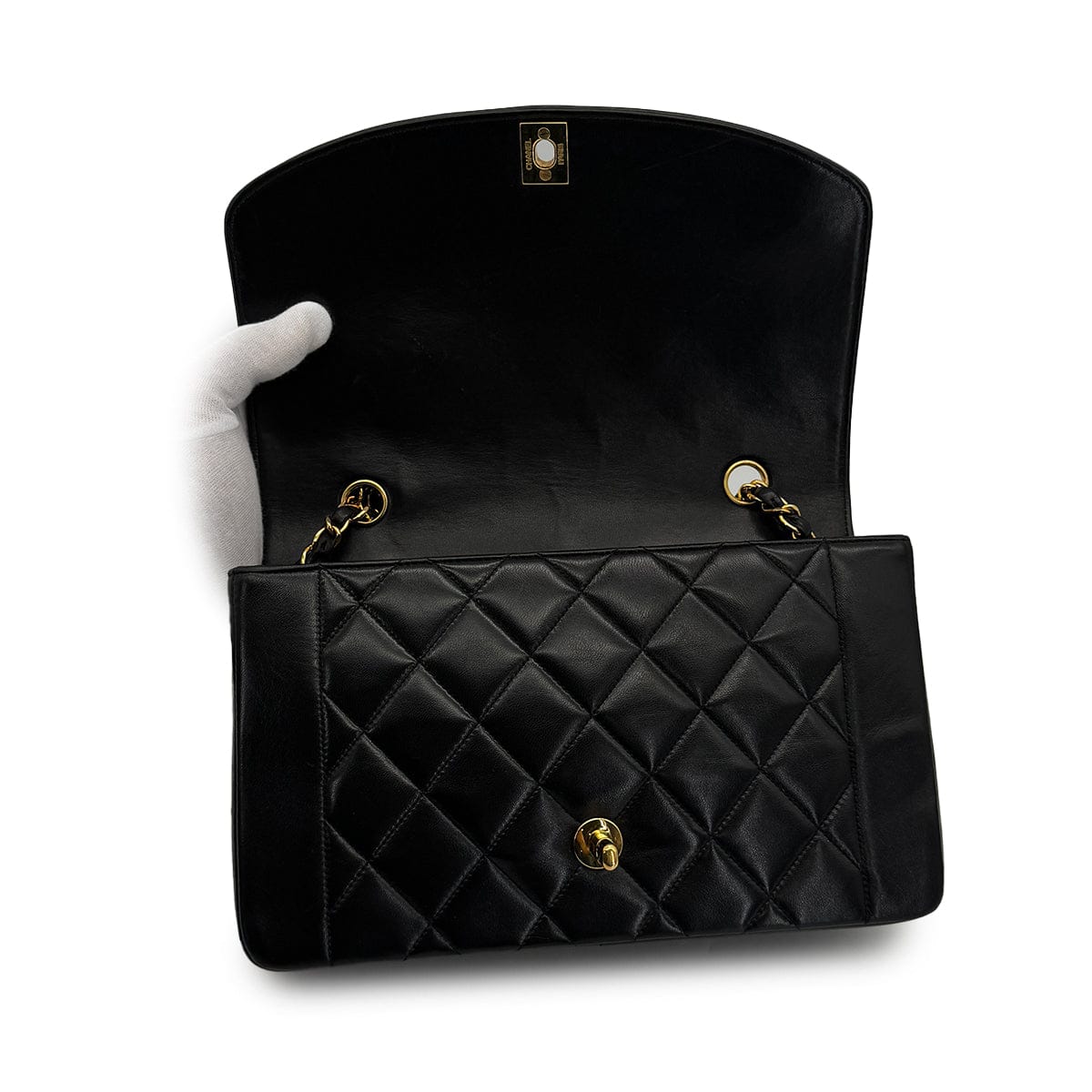 VINTAGE CHANEL DIANA MEDIUM CHAIN SHOULDER BAG BLACK LAMB SKIN GOLD HARDWARE 90322173