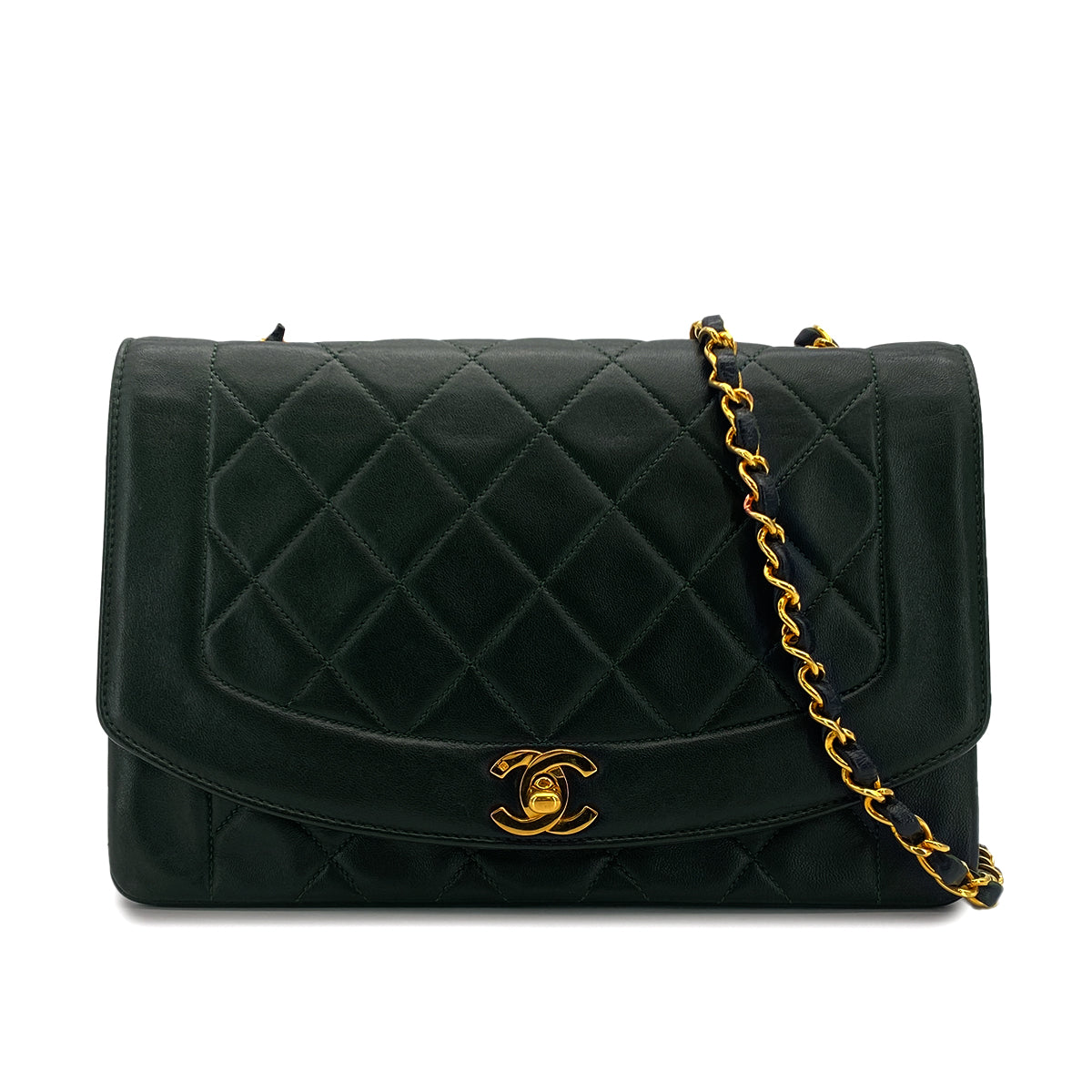 VINTAGE CHANEL DIANA MEDIUM CHAIN SHOULDER BAG DARK GREEN LAMB SKIN GOLD HARDWARE 90323198