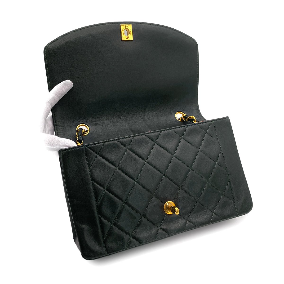VINTAGE CHANEL DIANA MEDIUM CHAIN SHOULDER BAG DARK GREEN LAMB SKIN GOLD HARDWARE 90323198