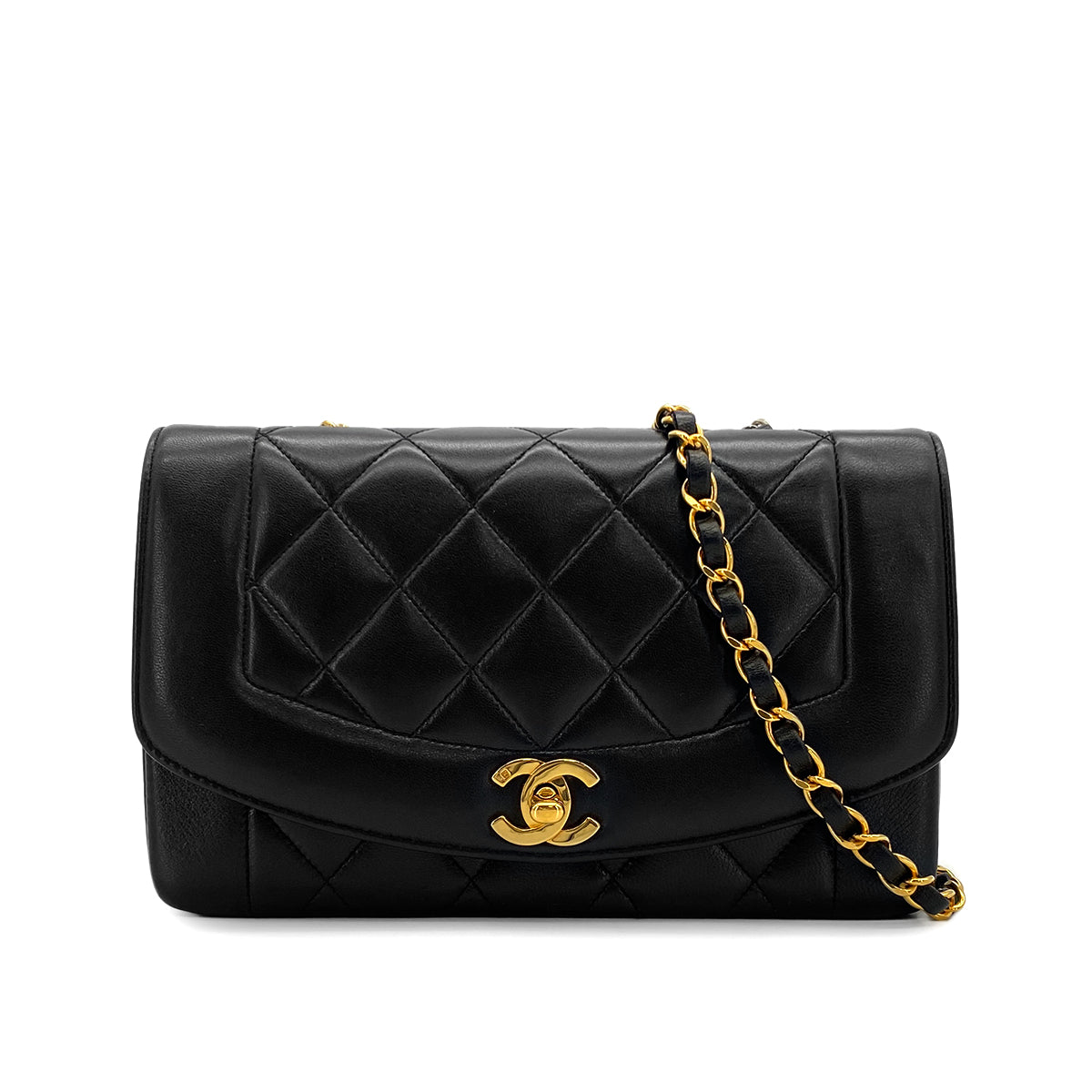 VINTAGE CHANEL DIANA SMALL CHAIN SHOULDER BAG BLACK LAMB SKIN GOLD HARDWARE 90324759