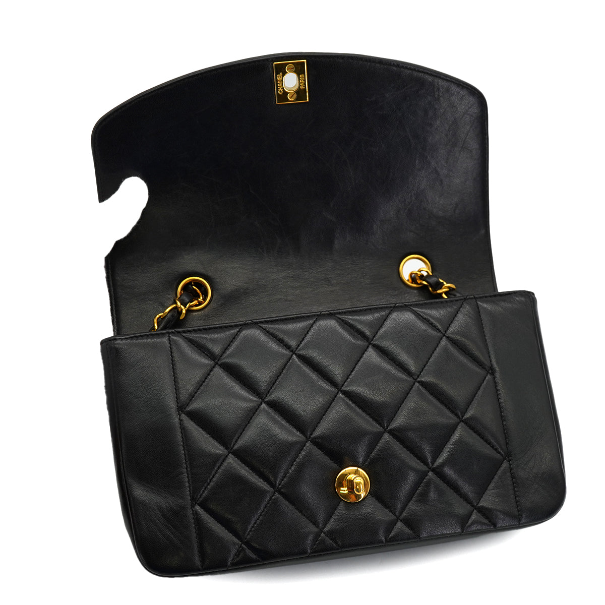 VINTAGE CHANEL DIANA SMALL CHAIN SHOULDER BAG BLACK LAMB SKIN GOLD HARDWARE 90327080
