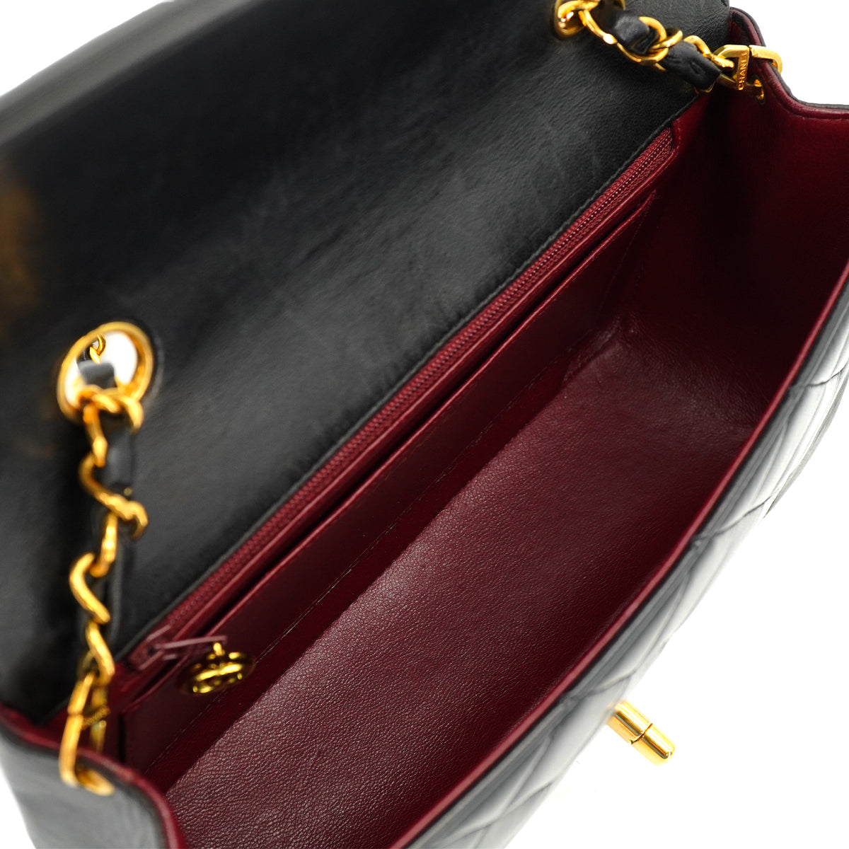 VINTAGE CHANEL DIANA SMALL CHAIN SHOULDER BAG BLACK LAMB SKIN GOLD HARDWARE 90327080