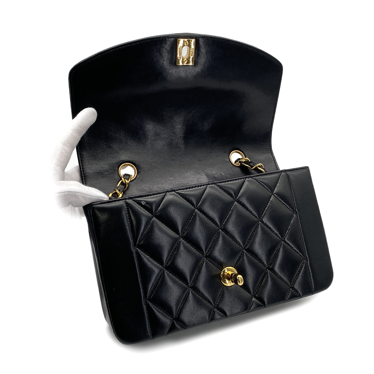 VINTAGE CHANEL DIANA SMALL CHAIN SHOULDER BAG BLACK LAMB SKIN GOLD HARDWARE 90317884