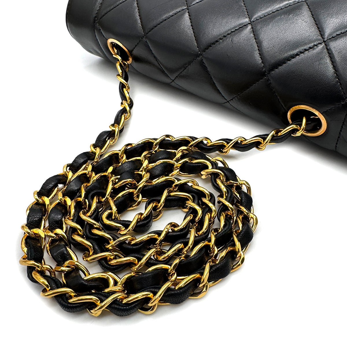 VINTAGE CHANEL DIANA SMALL CHAIN SHOULDER BAG BLACK LAMB SKIN GOLD HARDWARE 90317884