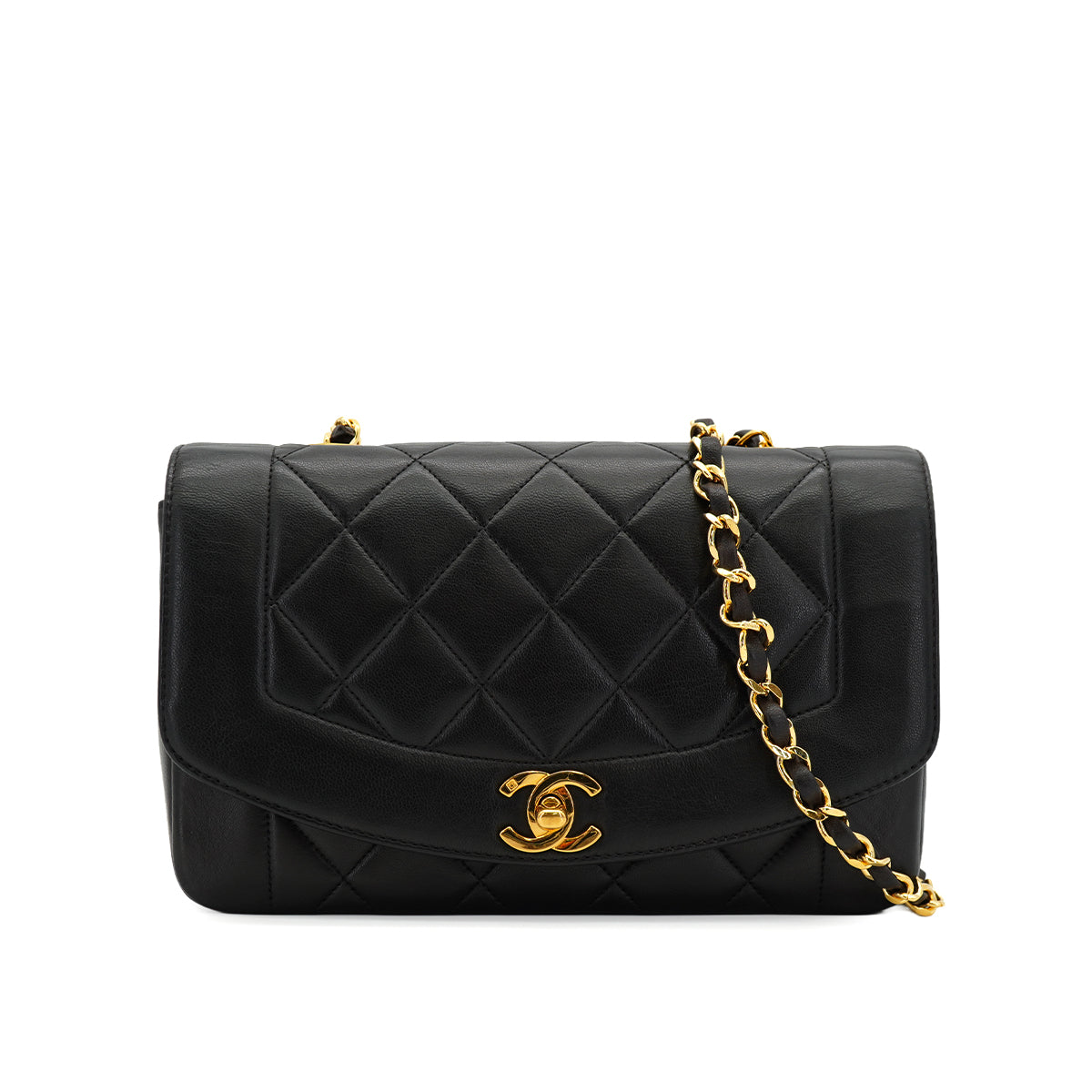 VINTAGE CHANEL DIANA SMALL CHAIN SHOULDER BAG BLACK LAMB SKIN GOLD HARDWARE 90332912