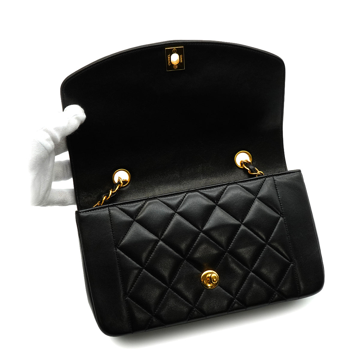 VINTAGE CHANEL DIANA SMALL CHAIN SHOULDER BAG BLACK LAMB SKIN GOLD HARDWARE 90344092