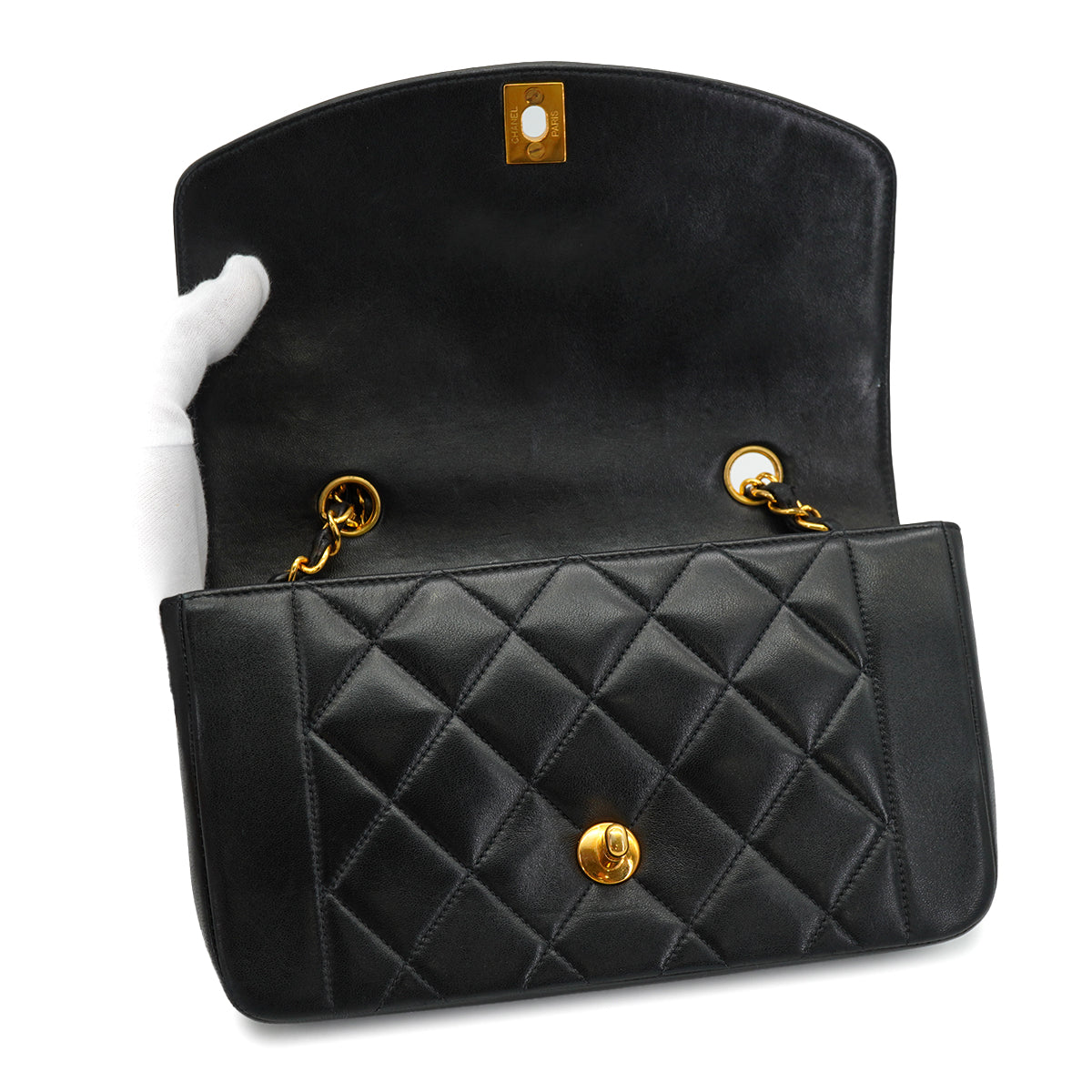 VINTAGE CHANEL DIANA SMALL CHAIN SHOULDER BAG BLACK LAMB SKIN GOLD HARDWARE 90327385