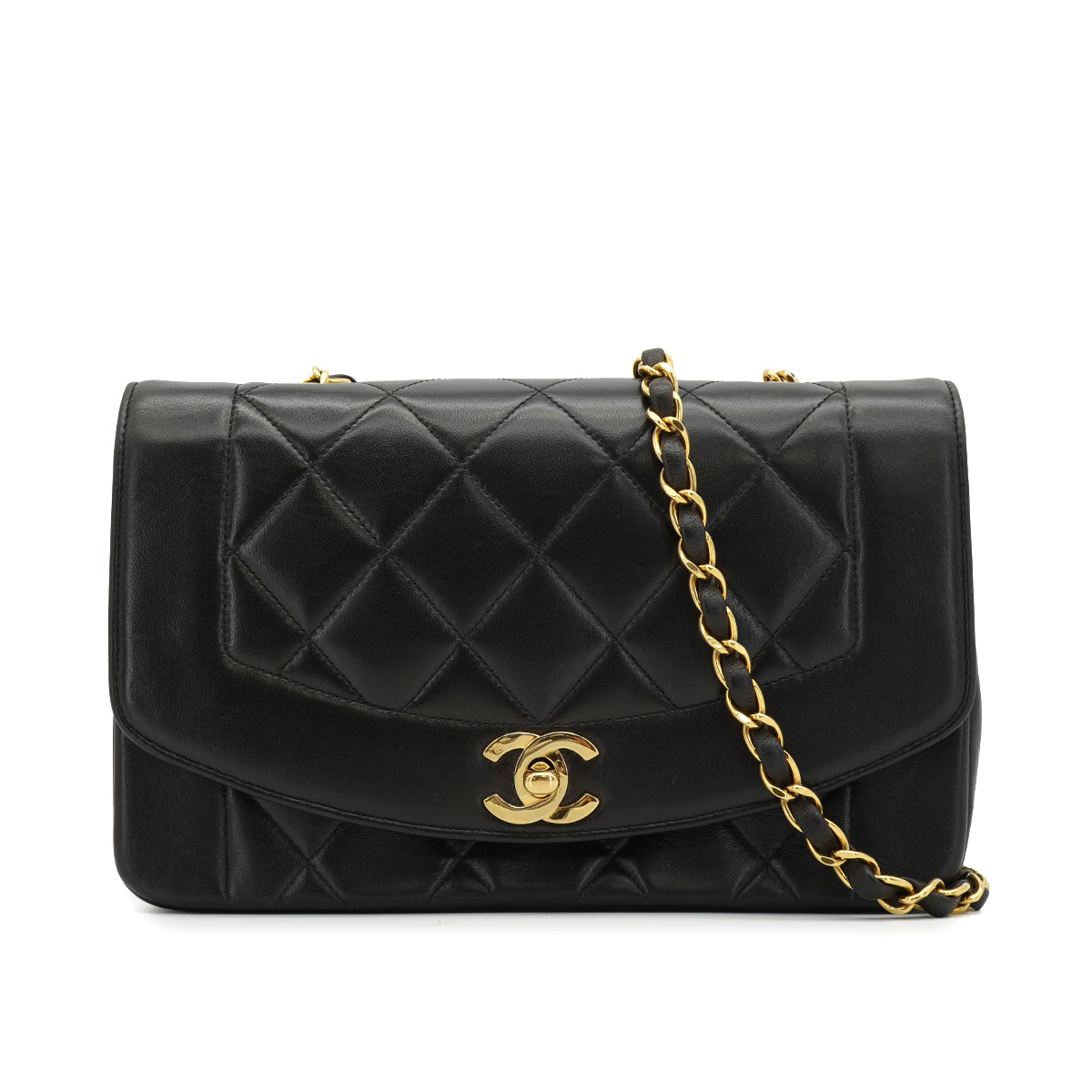VINTAGE CHANEL DIANA SMALL CHAIN SHOULDER BAG BLACK LAMB SKIN GOLD HARDWARE 90329224