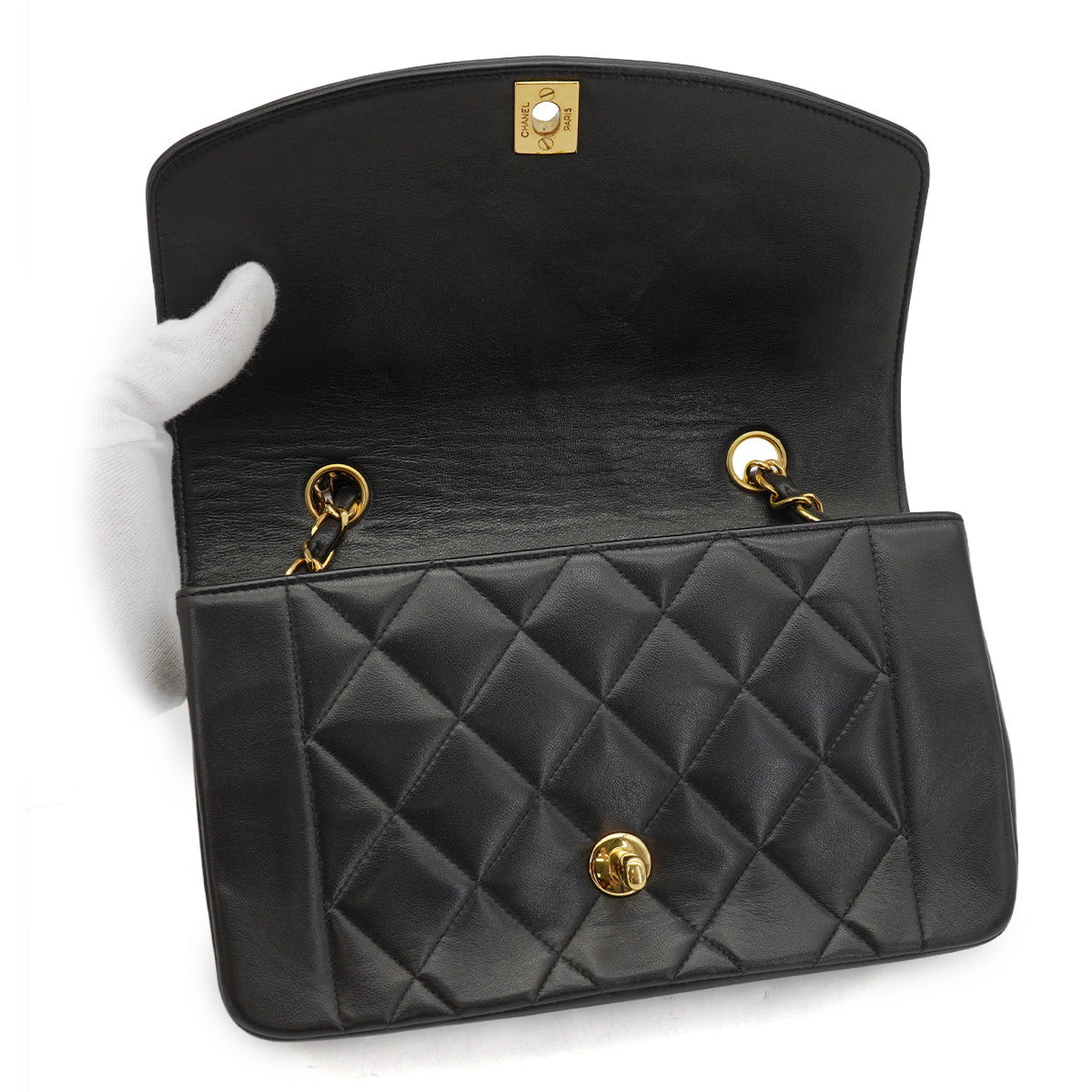 VINTAGE CHANEL DIANA SMALL CHAIN SHOULDER BAG BLACK LAMB SKIN GOLD HARDWARE 90329224